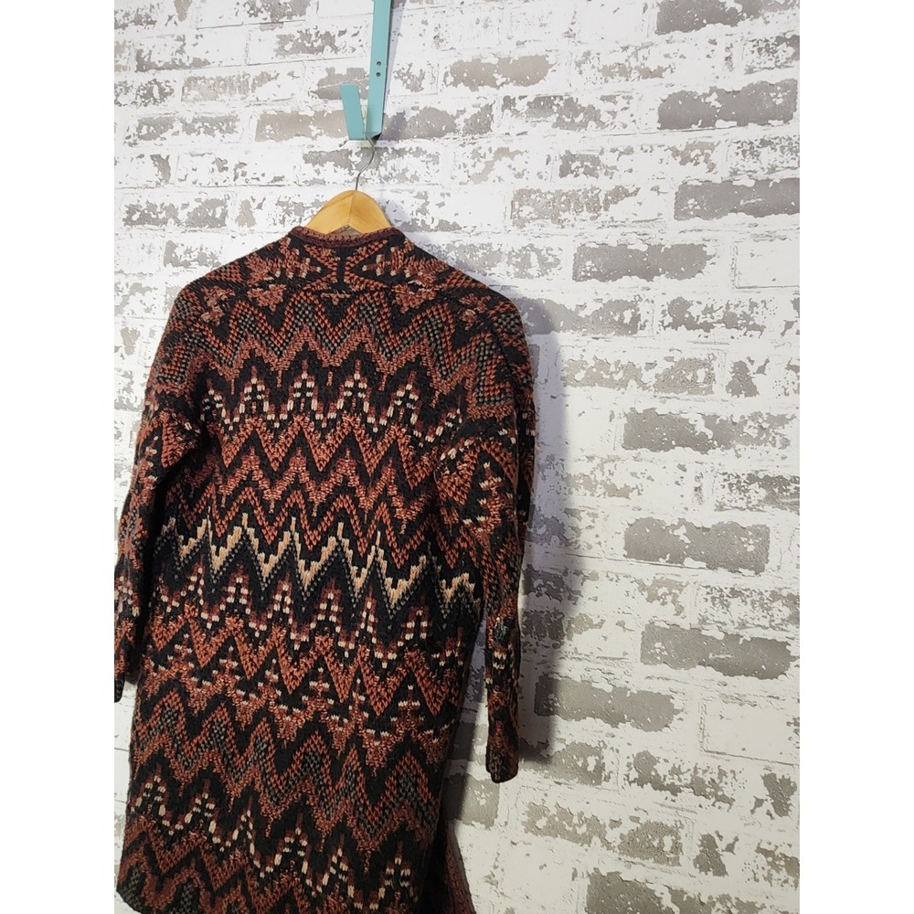 Lucky Brand Sweater Size XS Orange Black Wool Blend Aztec Long Cardigan Oversize - Picture 8 of 14